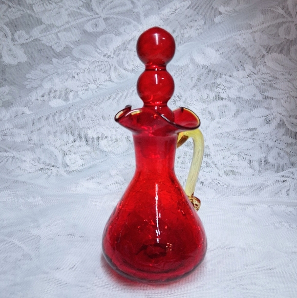 Vintage Blenko Amberina Crackle Glass Cruet Pitcher Bubble Stopper Red To Yellow - Picture 3 of 13